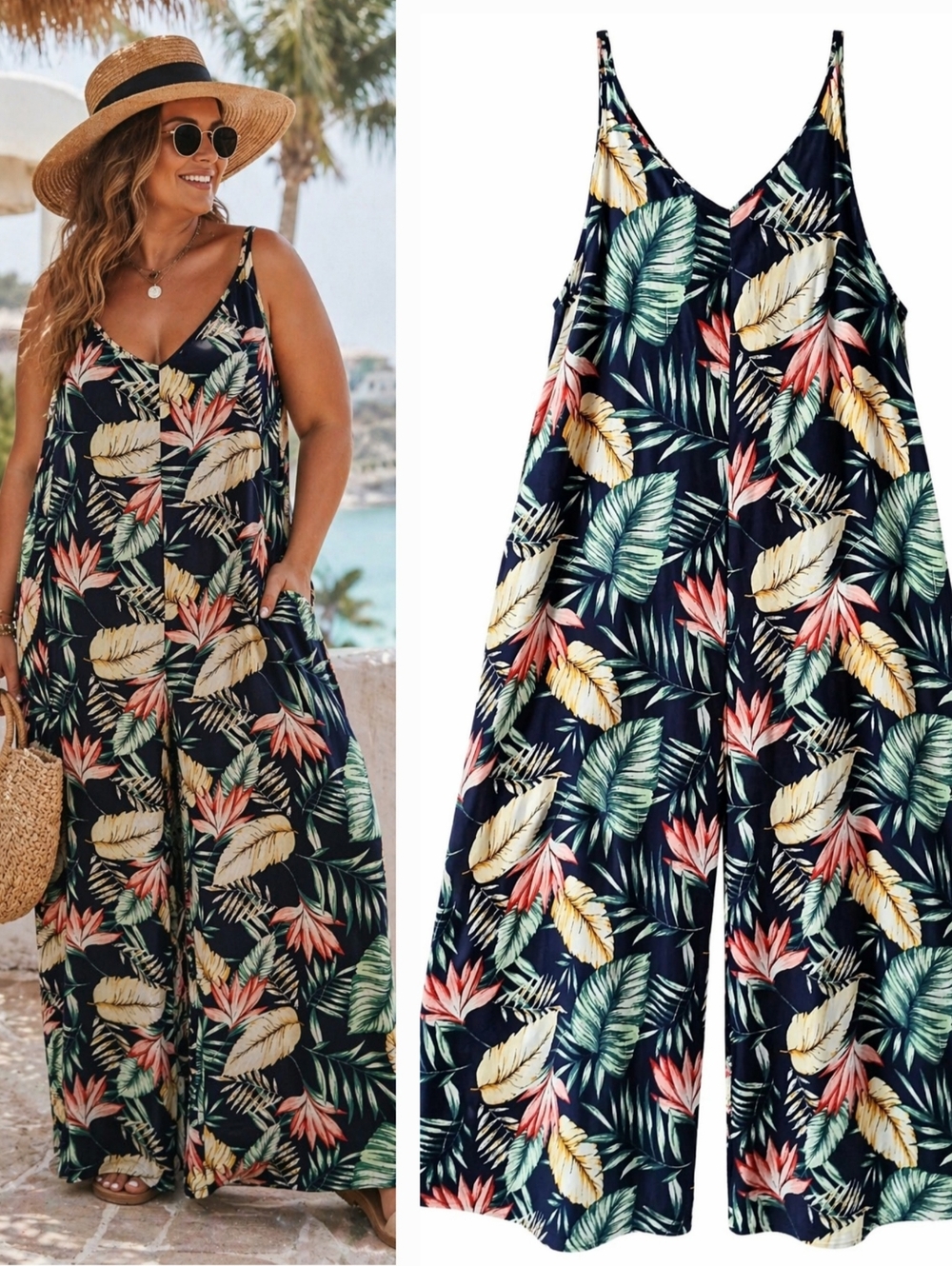 TROPICAL Print WIDE LEG Jumpsuit Flowy SUMMER Resort Vacation Women's Size 3XL